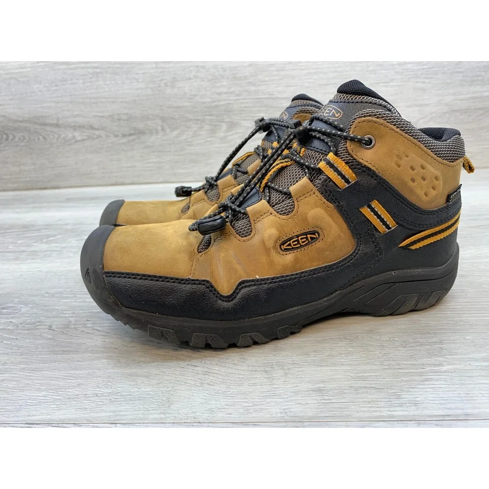 KEEN Dry Waterproof Hiking Boots Tan Black Yellow 1019834 Youth 5 Trail Shoes